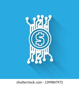 White Cryptocurrency concept bitcoin in circle with microchip circuit line icon isolated with long shadow. Blockchain technology, digital money market. Vector Illustration