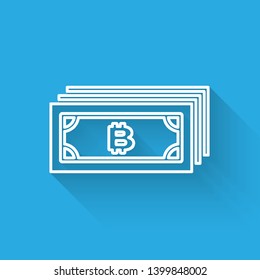 White Cryptocurrency concept bitcoin in circle with microchip circuit line icon isolated with long shadow. Blockchain technology, digital money market. Vector Illustration