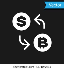 White Cryptocurrency exchange icon isolated on black background. Bitcoin to dollar exchange icon.  