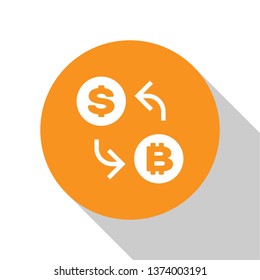White Cryptocurrency exchange icon isolated on white background. Bitcoin to dollar exchange icon. Cryptocurrency technology, mobile banking. Orange circle button. Flat design. Vector Illustration