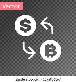 White Cryptocurrency exchange icon isolated on transparent background. Bitcoin to dollar exchange icon. Cryptocurrency technology, mobile banking. Vector Illustration