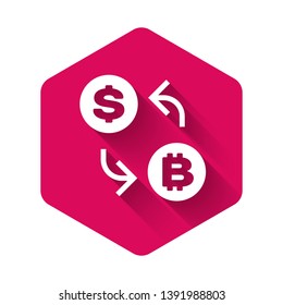 White Cryptocurrency exchange icon isolated with long shadow. Bitcoin to dollar exchange icon. Cryptocurrency technology, mobile banking. Pink hexagon button. Vector Illustration