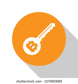 White Cryptocurrency key icon isolated on white background. Concept of cyber security or private key, digital key with technology interface. Orange circle button. Flat design. Vector Illustration