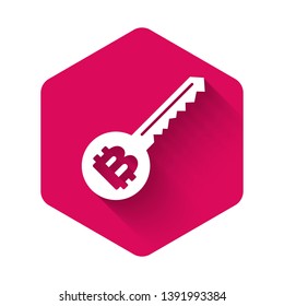 White Cryptocurrency key icon isolated with long shadow. Concept of cyber security or private key, digital key with technology interface. Pink hexagon button. Vector Illustration