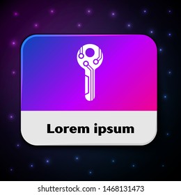 White Cryptocurrency key icon isolated on black background. Concept of cyber security or private key, digital key with technology interface. Rectangle color button. Vector Illustration