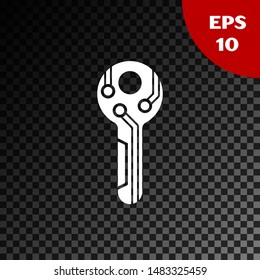 White Cryptocurrency key icon isolated on transparent dark background. Concept of cyber security or private key, digital key with technology interface.  Vector Illustration