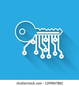 White Cryptocurrency key line icon isolated with long shadow. Concept of cyber security or private key, digital key with technology interface. Vector Illustration