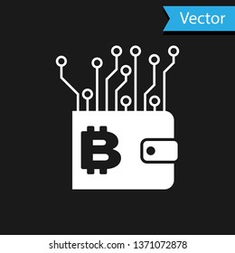 White Cryptocurrency wallet icon isolated on black background. Wallet and bitcoin sign. Mining concept. Money, payment, cash, pay icon. Vector Illustration