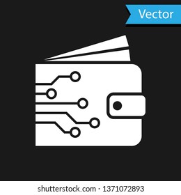 White Cryptocurrency wallet icon isolated on black background. Wallet and bitcoin sign. Mining concept.  