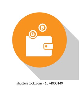 White Cryptocurrency wallet icon isolated on white background. Wallet and bitcoin sign. Mining concept. Money, payment, cash, pay icon. Orange circle button. Flat design. Vector Illustration