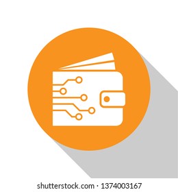 White Cryptocurrency wallet icon isolated on white background. Wallet and bitcoin sign. Mining concept. Money, payment, cash, pay icon. Orange circle button. Flat design. Vector Illustration