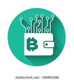 White Cryptocurrency wallet icon isolated with long shadow. Wallet and bitcoin sign. Mining concept. Money, payment, cash, pay icon. Green circle button. Vector Illustration