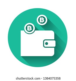 White Cryptocurrency wallet icon isolated with long shadow. Wallet and bitcoin sign. Mining concept. Money, payment, cash, pay icon. Green circle button. Vector Illustration