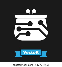 White Cryptocurrency wallet icon isolated on black background. Wallet and bitcoin sign. Mining concept. Money, payment, cash, pay icon.  Vector Illustration