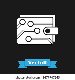 White Cryptocurrency wallet icon isolated on black background. Wallet and bitcoin sign. Mining concept. Money, payment, cash, pay icon.  Vector Illustration