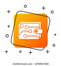 White Cryptocurrency wallet icon isolated on white background. Wallet and bitcoin sign. Mining concept. Money, payment, cash, pay icon. Orange square button. Vector Illustration
