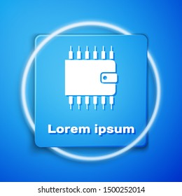 White Cryptocurrency wallet icon isolated on blue background. Wallet and bitcoin sign. Mining concept. Money, payment, cash, pay icon. Blue square button. Vector Illustration