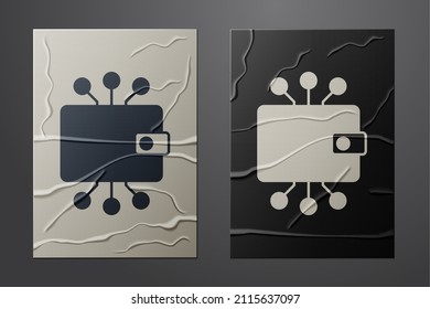 White Cryptocurrency wallet icon isolated on crumpled paper background. Wallet and bitcoin sign. Mining concept. Money, payment, cash, pay icon. Paper art style. Vector