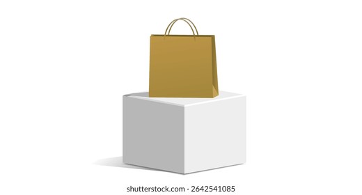 White cube block podium, stage, pedestal, and platform with a blank shopping bag vector. Perfect for retail promotions, product launches, sales, and e-commerce visuals.