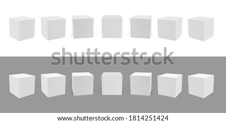 Vector White cube collection. Realistic white block isolated set. Blank modeling cube 3d compact model with perspective. Empty container package, cardboard box pack vector illustration