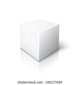 White cube on white background with reflection and shadow