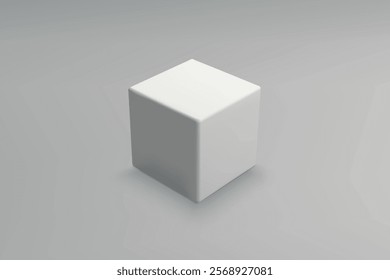 White cube on a gray gradient background, casting a soft shadow.