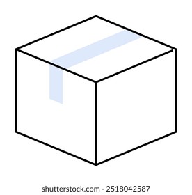 Paquete de cubo blanco con cinta azul claro en la parte superior en diseño minimalista tridimensional. Ideal para envío, embalaje, almacenamiento, logística y entrega. Estilo limpio, sencillo y moderno.