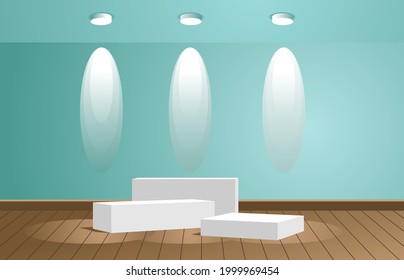 White cube podium  geometry shape stand scene and winner pedestal in green wall empty room and brown wood floor background.vector illustration.