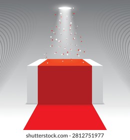 White cube podium with red carpet path and confetti falling under bright spotlight effect.
