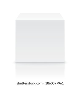 White cube standing on a glossy surface. Realistic vector cube with reflection, in front isometric view. 3D box scene with ambient light, and blank space, for product, object, or text placement.