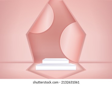 White cubes display product  overlapping pedestal or stand podium. Abstract 3D product background with soft pink circle wall scene. Vector illustration 
