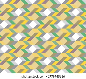 White cubes on a brown, yellow and green 3d blocks repeating pattern, geometric vector illustration