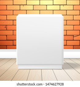 A white cubic box with the bottom panel is near the red brick wall on the floor. Front view. Realistic mockup for design with shadow