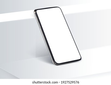 White cubic boxes with a mobile phone on wall background for displaying or advertising the product. Realistic 3D mobile phone in rotated position, frameless blank mobile phone modern device template