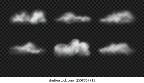 White cumulus, fluffy clouds, smoke, fog on transparent backdrop. Set of vector realistic steam clouds and wavy haze