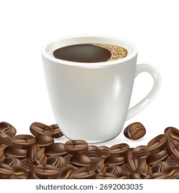 Una taza blanca de café aromático con granos de café en un estilo realista