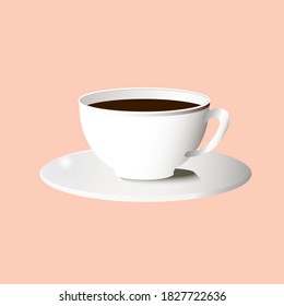 White Cup with aromatic coffee poured inside on a peach background