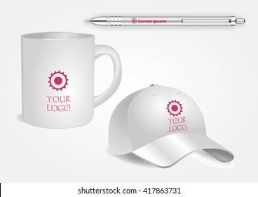 White cup, baseball cap and white pen isolated on white vector. Display Mock up for corporate identity and promotion objects.