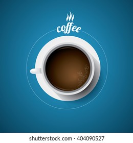 white cup with black coffee. flat lay coffee mug top view on blue table