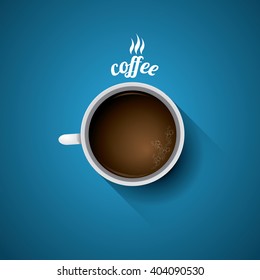 white cup with black coffee. flat lay coffee mug top view on blue table
