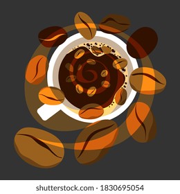 White cup of black coffee and flying beans on a black background. Top view. Abstract vector illustration.