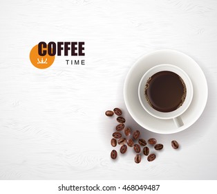 White cup of black coffee with foam and bubbles on a white plate.View from above. Templates with space for text