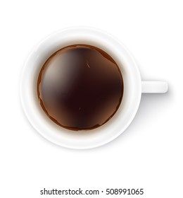 White cup of black coffee with foam and saucer. Top view. Vector illustration. EPS10.