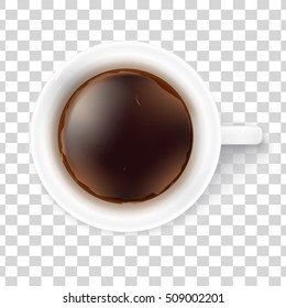 White cup of black coffee with foam isolated on transparent background. Top view. Vector illustration. EPS10.