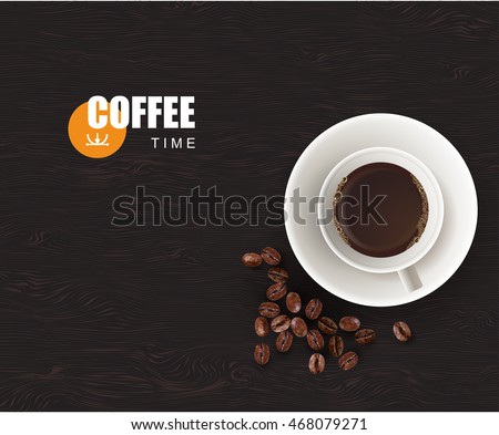 White cup of black coffee with foam and bubbles on a white plate.View from above. Templates with space for text