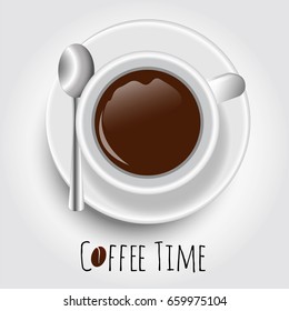 White cup of black coffee on the plate with spoon. Isolated cup of coffee. Coffee time. Vector illustration.