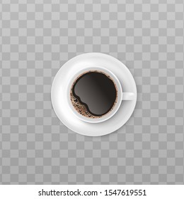 White cup of black coffee with realistic foam froth seen from top view isolated on transparent background - hot espresso beverage in mug with saucer, vector illustration