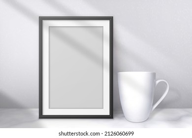 White cup and black frame on studio background. Empty mockup. Mug side view. Blank mockups with shadow. 3d cup front and and with soft light for product. Mock up template for design prints. Vector illustration