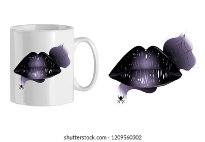 White cup with black lips and cobwebs