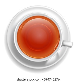 White cup of black tea on saucer. Top view. Vector illustration, isolated on white background.